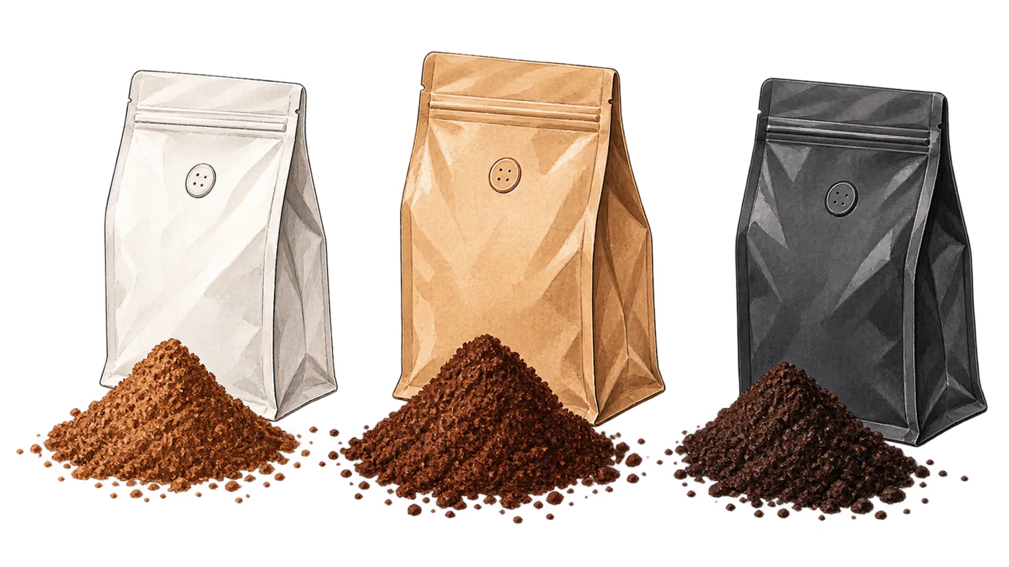 Three unbranded coffee bags beside ground coffees with visually light, medium, and dark roast character.