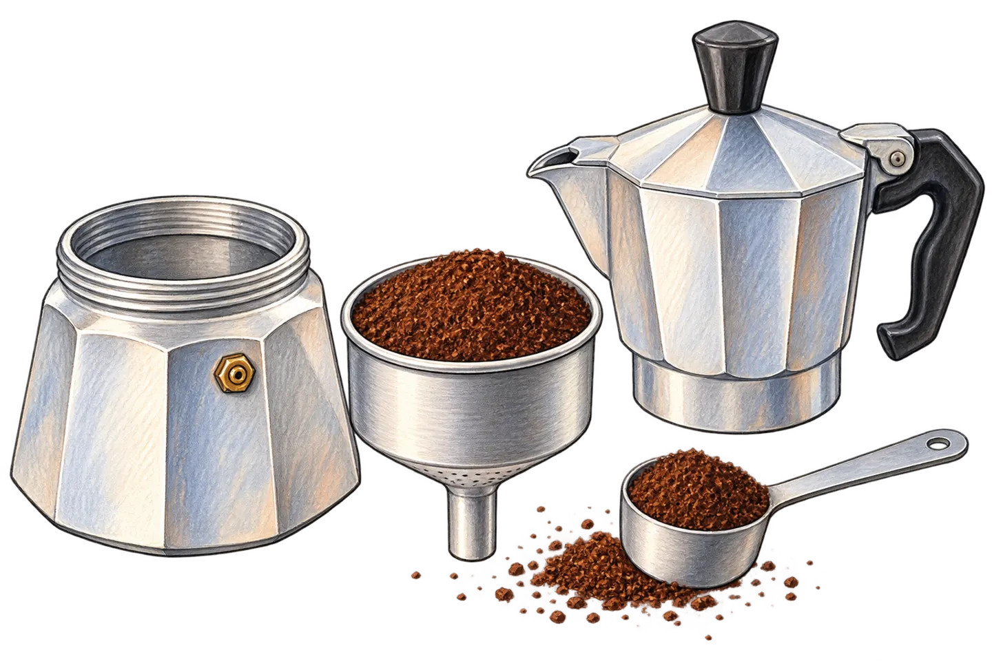 Disassembled moka pot beside a funnel basket filled with ground coffee and a scoop of loose grounds.
