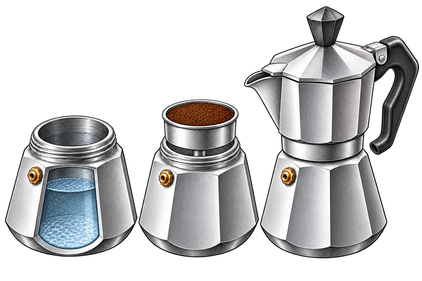 Three stages of moka preparation showing water below the safety valve, a funnel basket filled with loose coffee, and the assembled pot.