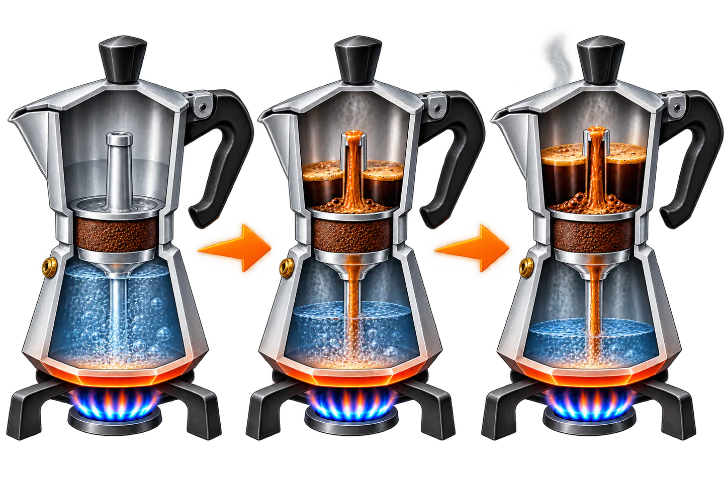 Three-stage moka sequence showing warm-up, coffee beginning to collect, and the filled upper chamber.