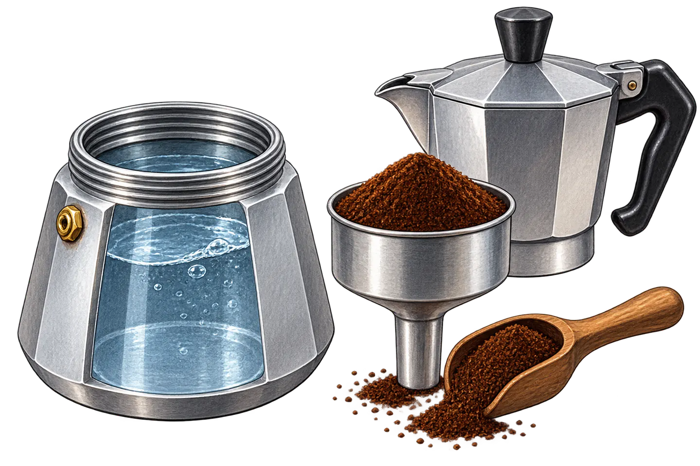 Moka pot lower chamber with water, funnel basket with ground coffee, and assembled upper pot.