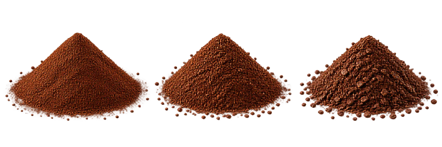 Three ground-coffee samples showing coarse, medium-fine, and fine relative textures.