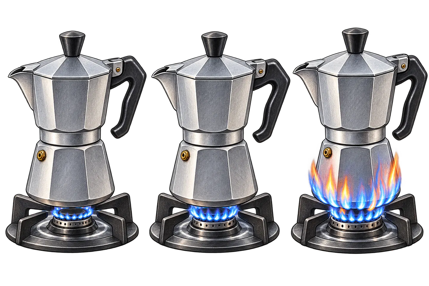 Three moka pots over progressively larger gas flames, ending with flame extending up the pot’s sides.