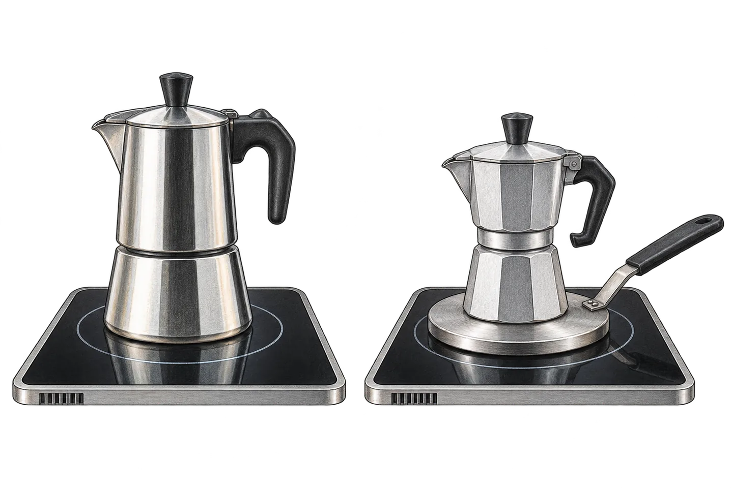 An induction-compatible moka directly on a cooktop beside a traditional moka resting on a separate induction adapter plate.