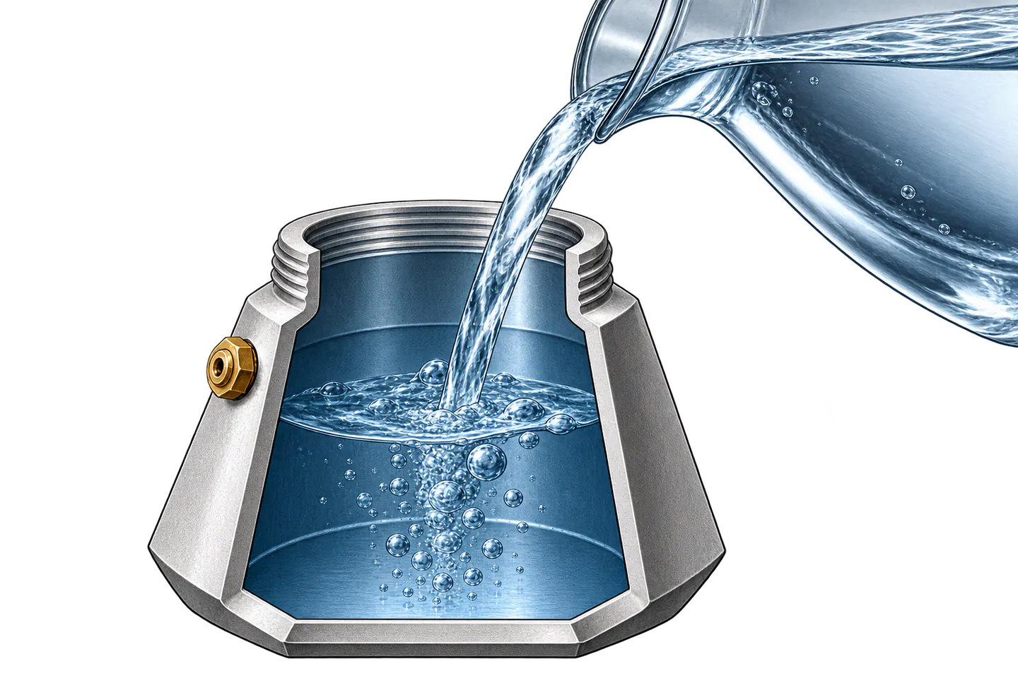 Water being poured into the lower chamber of a moka pot below the safety valve.