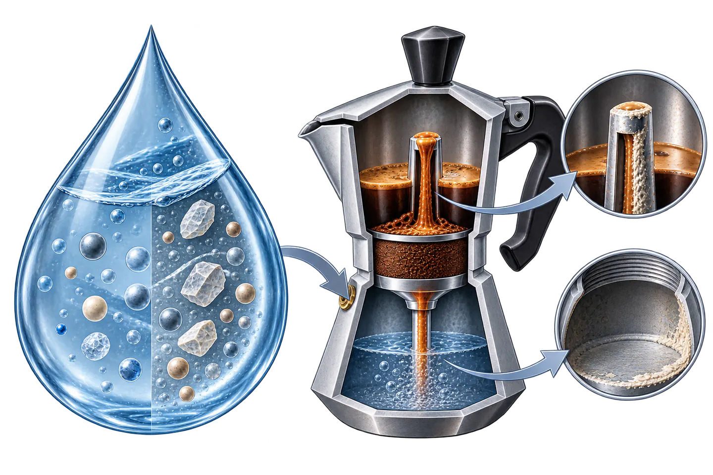 Conceptual comparison of differently mineralized water beside a moka pot and examples of mineral deposits on internal surfaces.