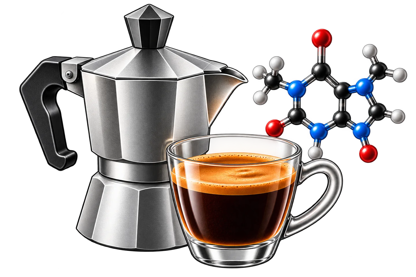 Moka pot and glass coffee cup beside a conceptual ball-and-stick molecular form.