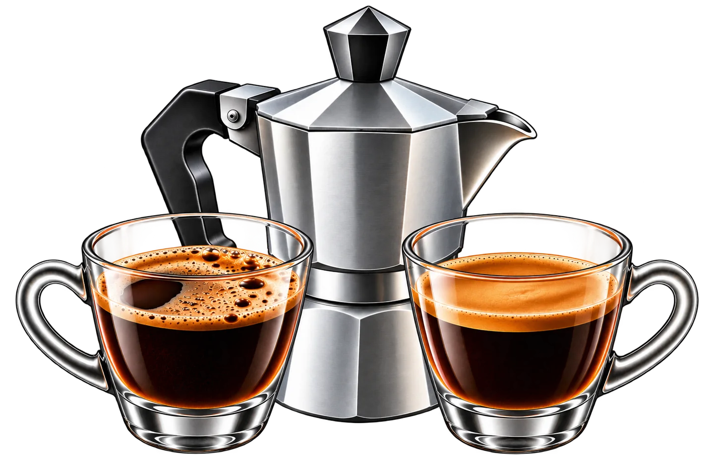 Moka pot behind two glass coffee cups with visibly different surface-foam textures.