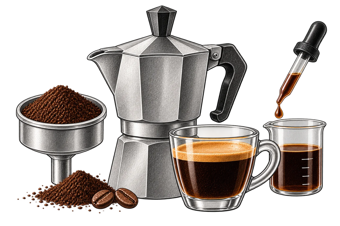 Moka pot, brewed coffee, ground-coffee basket, and laboratory sampling glass representing caffeine measurement.