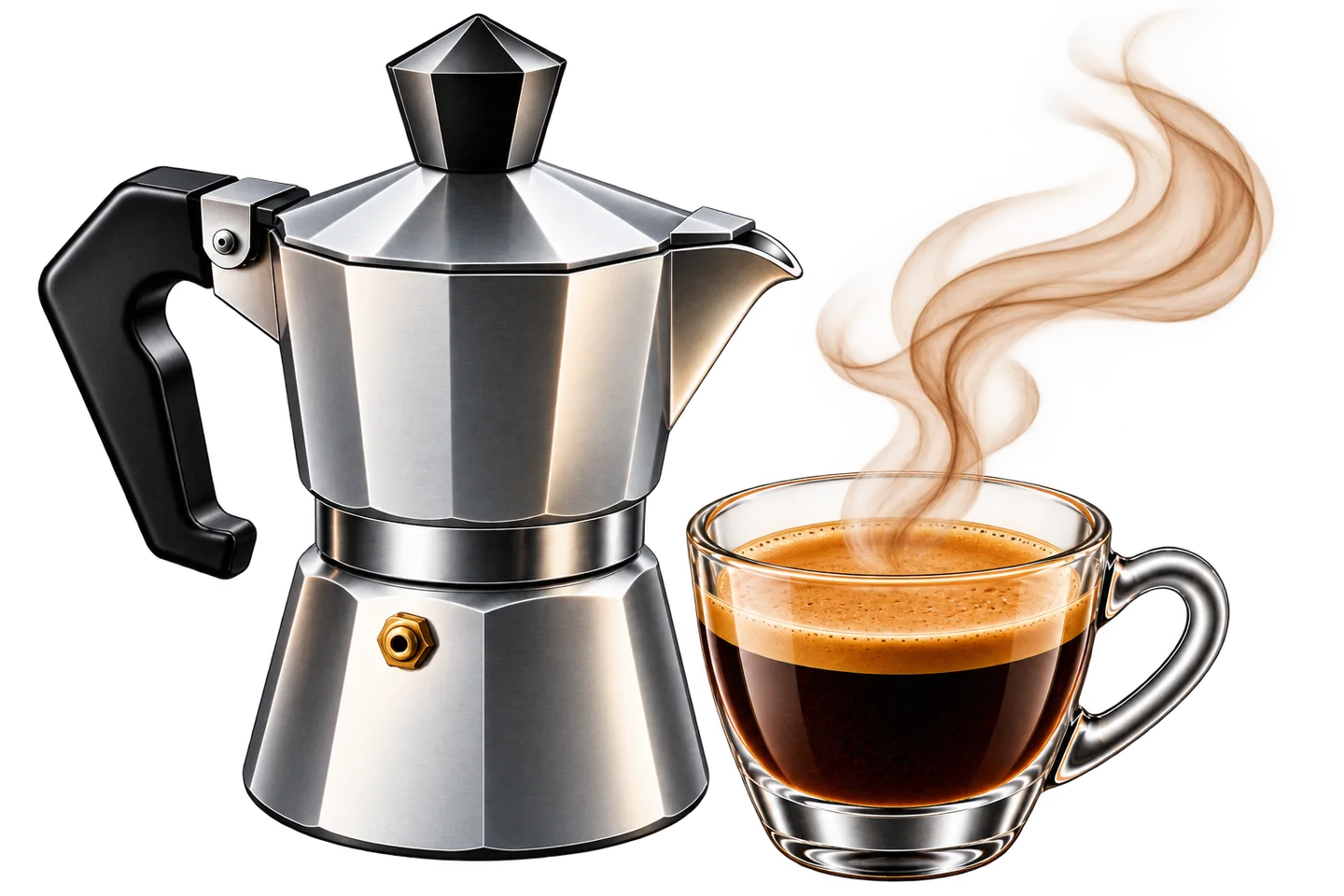 Moka pot beside a glass of coffee with translucent aromatic vapor rising above the beverage.