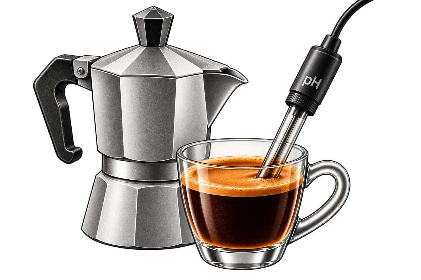 Moka pot beside a glass of coffee with a pH probe positioned in the beverage.