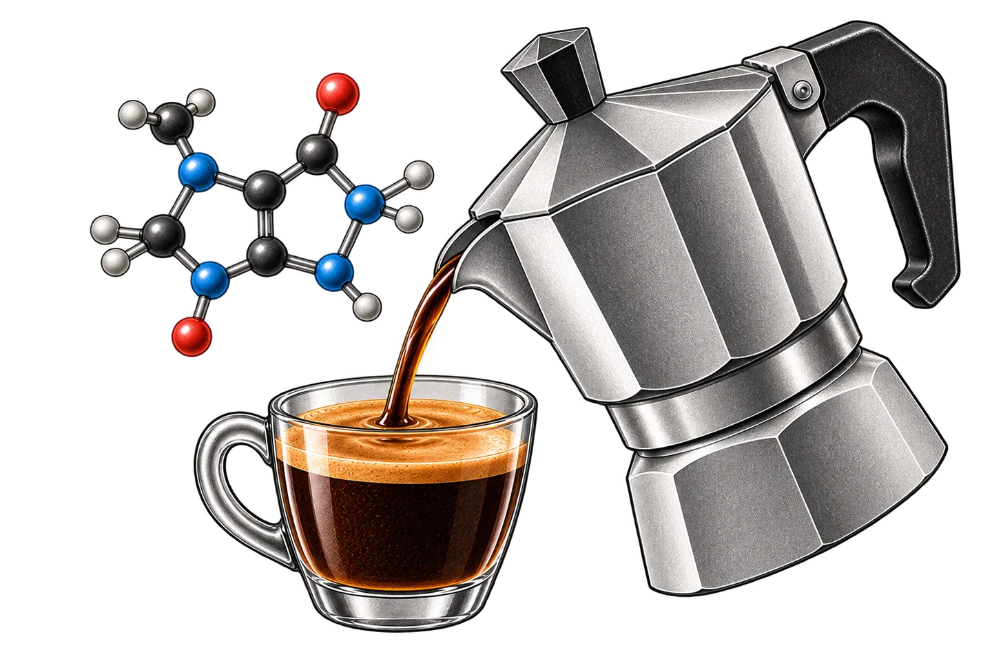 Moka pot pouring coffee into a glass cup beside a conceptual molecular structure.