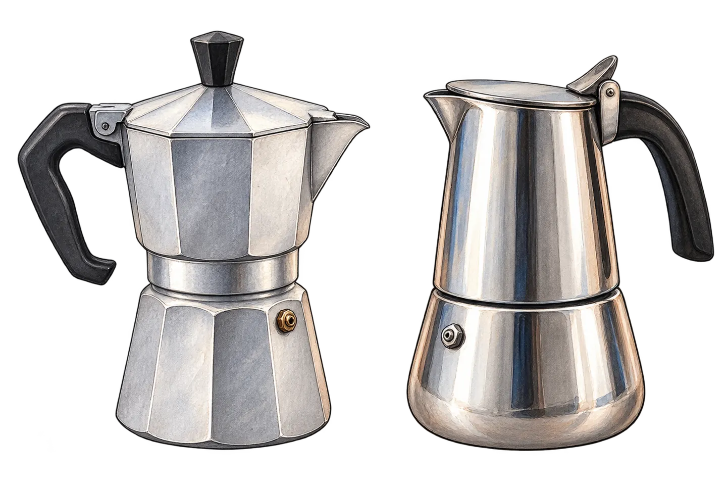 Traditional faceted aluminum moka pot beside a rounded stainless-steel moka pot.