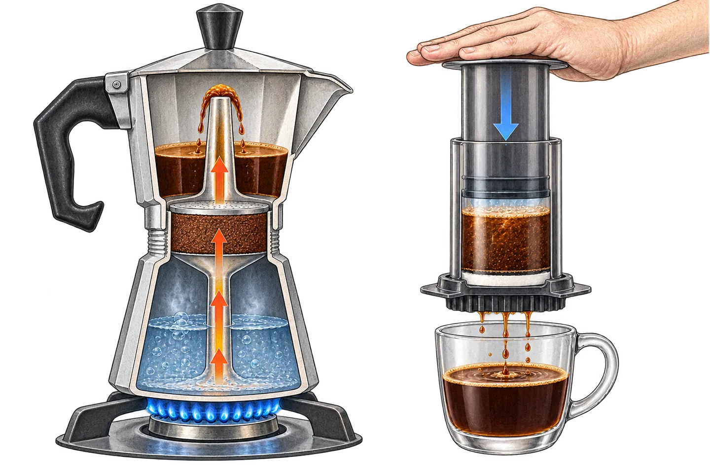 Cutaway comparison of upward moka brewing and an upright AeroPress being pressed through a filter into a cup.