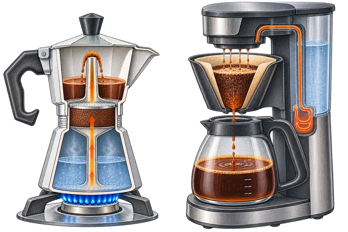 Cutaway moka pot with upward flow beside an automatic drip machine delivering water over a filter basket into a glass carafe.