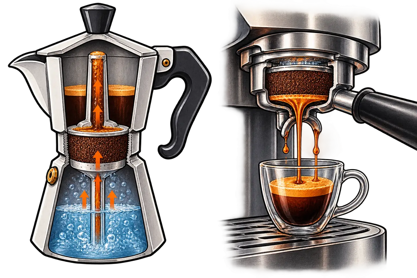 Conceptual cutaway comparison of moka brewing and espresso extraction through a compact coffee bed.