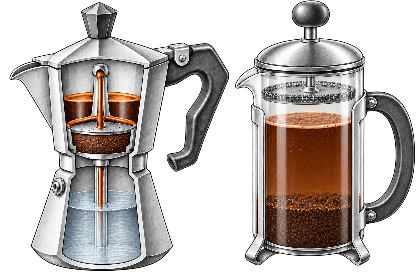 Cutaway comparison of a moka pot moving water through a coffee bed and a French press holding coffee and water in immersion.