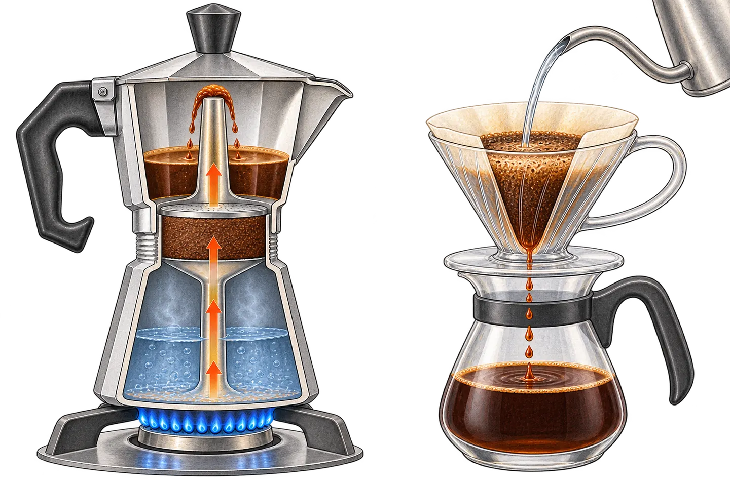 Cutaway moka pot with upward flow beside a manual pour-over dripper receiving water from above and draining into a server.