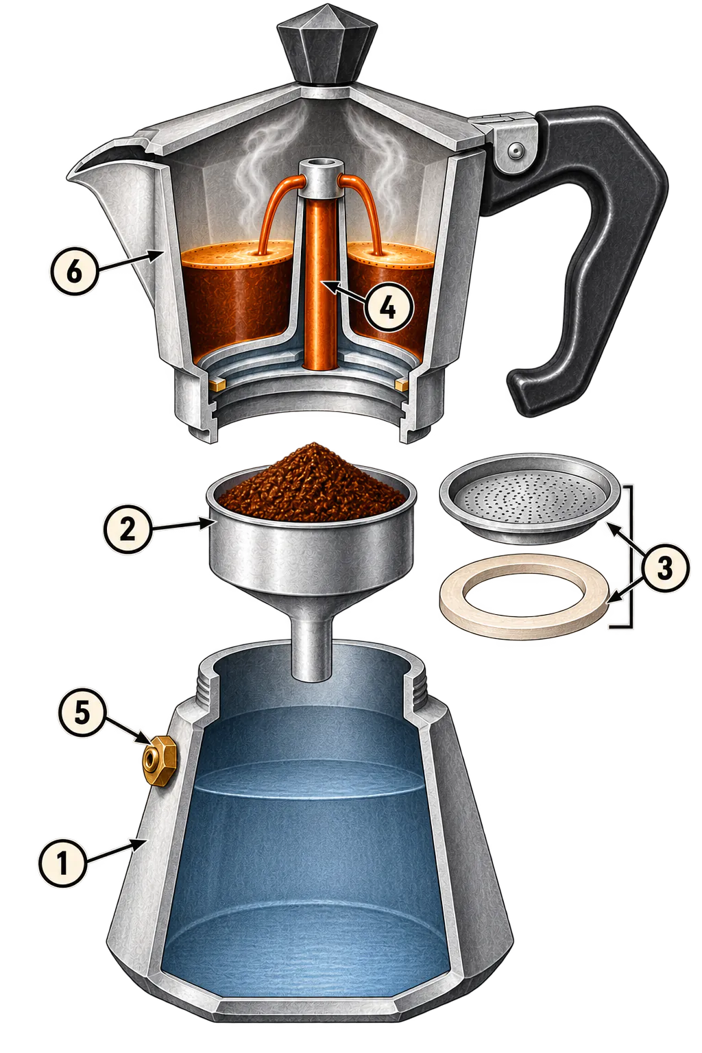 Exploded cutaway of a Moka Express showing its lower chamber, funnel basket, filter assembly, safety valve, central column, and upper collector.