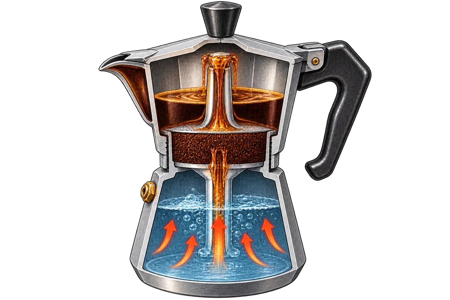Cutaway moka pot showing lower-chamber pressure driving water through the funnel and coffee bed into the upper chamber.