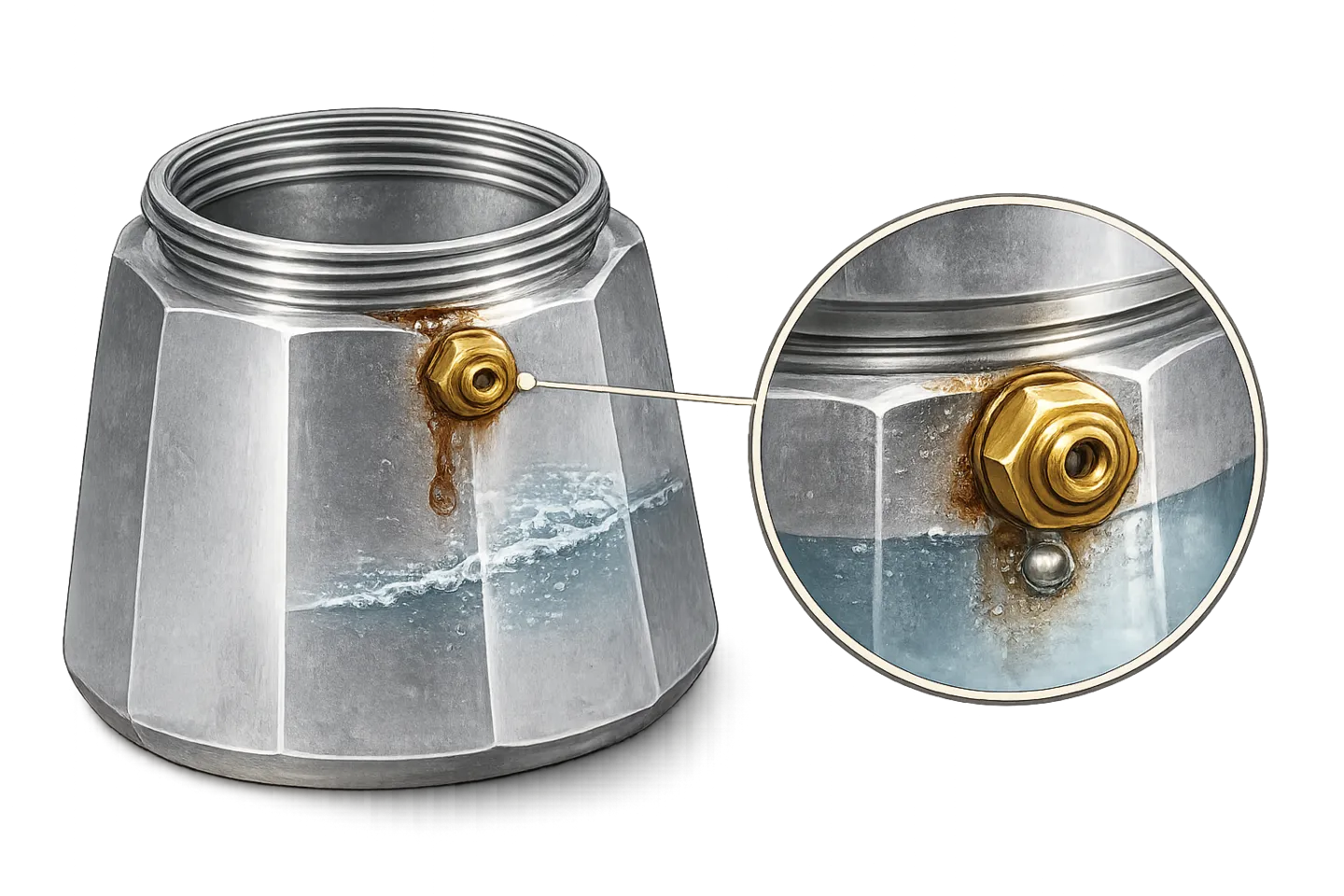 Lower chamber of a moka pot with a magnified view of the safety-valve area and visible residue and moisture around the fitting.