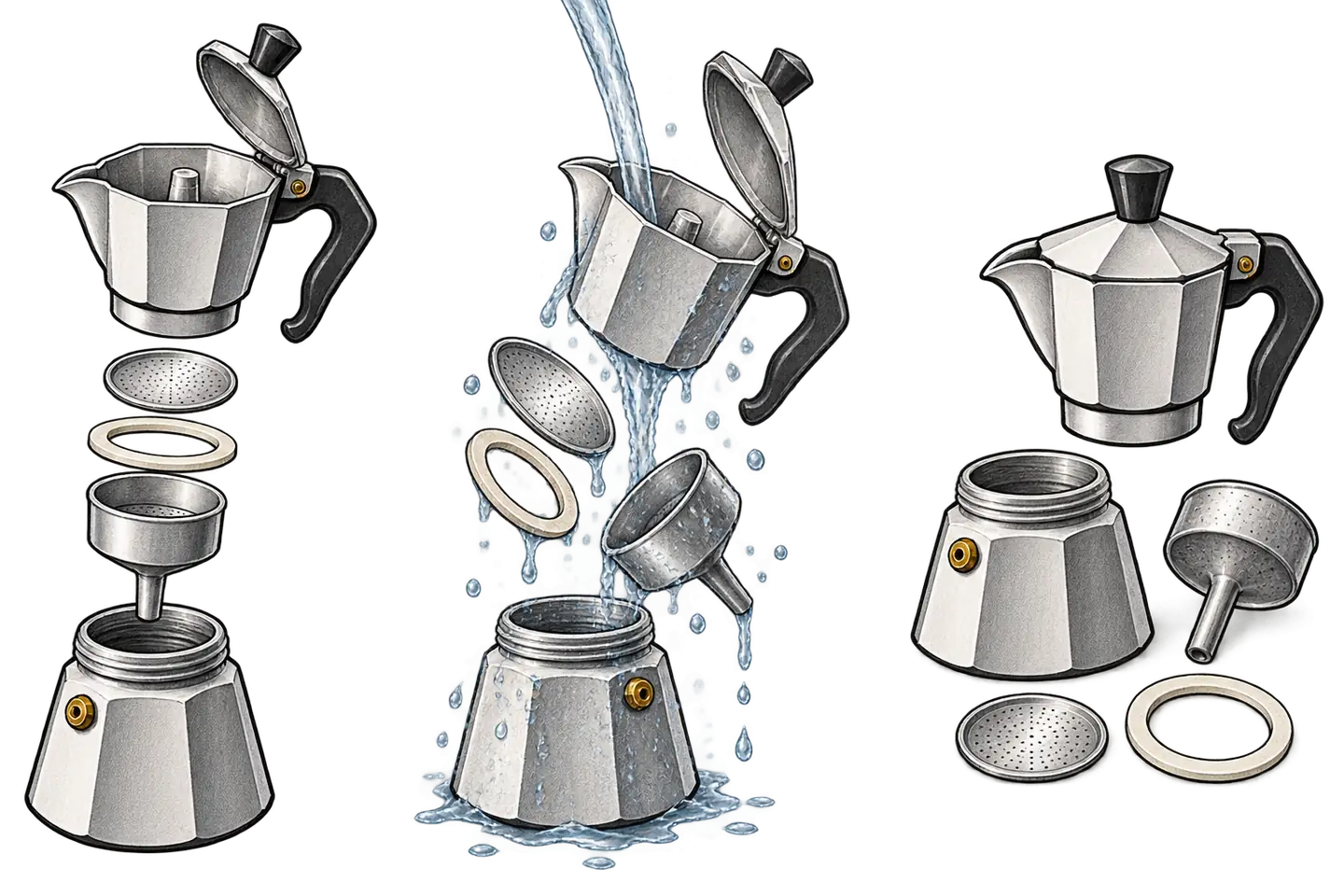 Three-stage moka pot cleaning sequence showing separated components, rinsing with water, and parts laid out after cleaning.