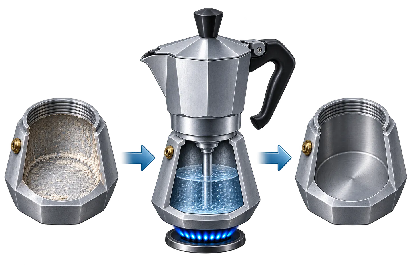 Three-stage descaling illustration showing mineral deposits, an assembled no-coffee cycle, and the lower chamber after treatment.