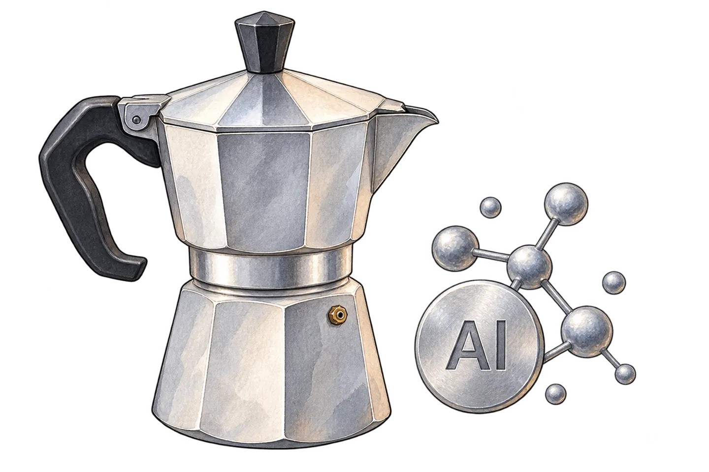 Aluminum moka pot beside an aluminum element symbol and a conceptual cluster of connected spheres.