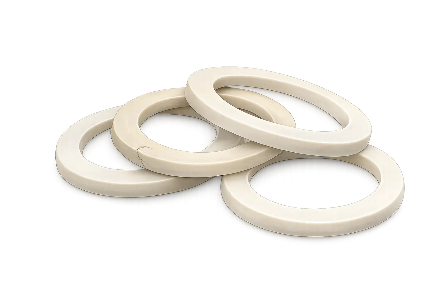 Several moka pot sealing rings, including one with a visible crack.