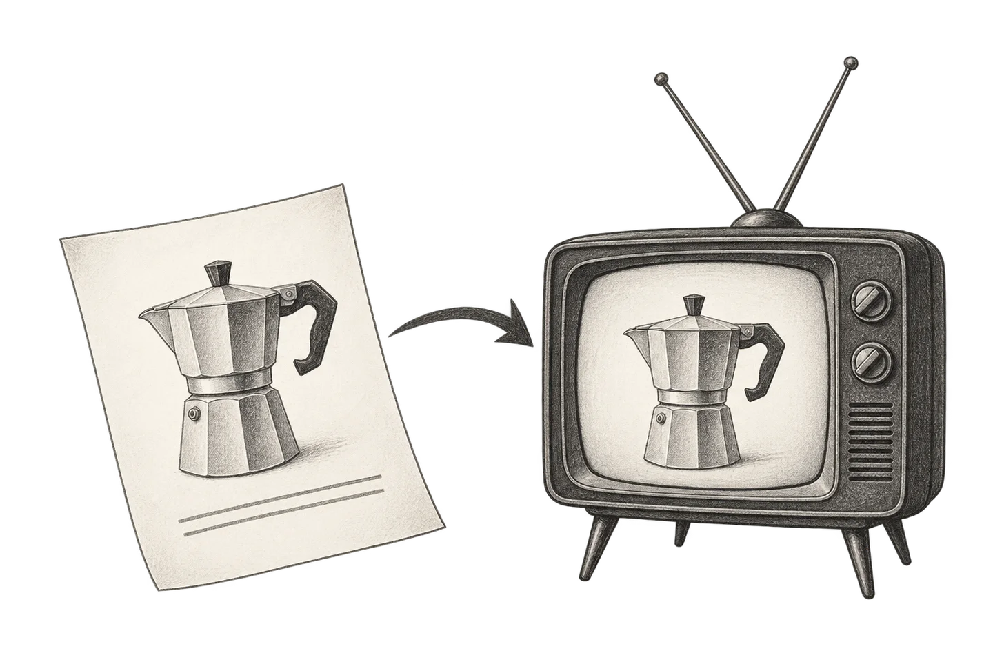 A printed moka drawing beside a television showing the same coffee maker.
