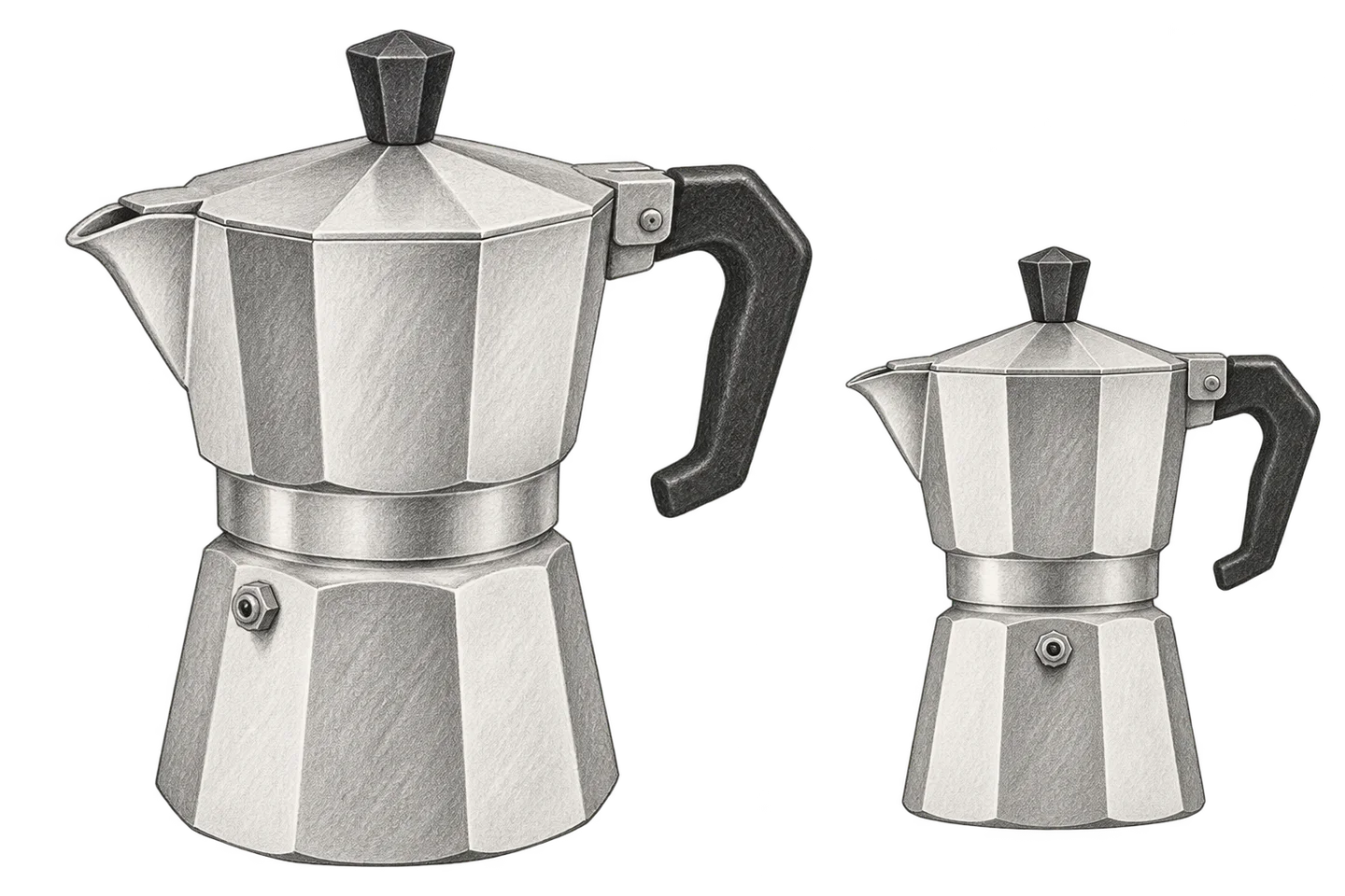 A three-quarter view of an octagonal moka beside a smaller study of the same form.