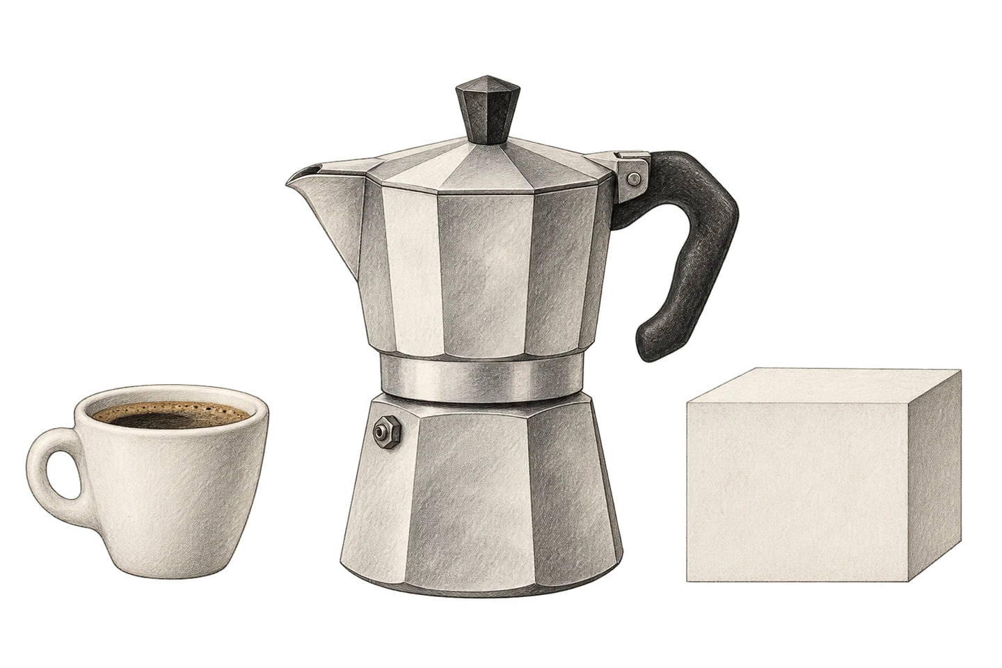 A moka pot between a coffee cup and an empty museum display plinth.