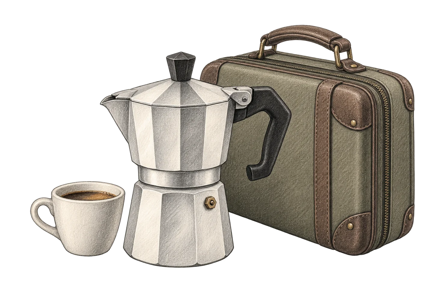 A moka pot beside a travel suitcase and a small coffee cup.