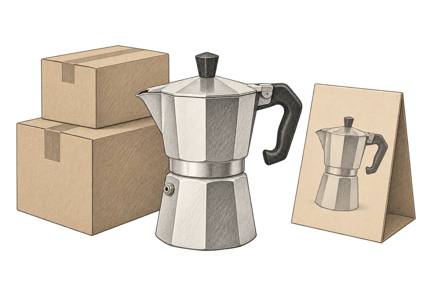 A moka pot beside shipping cartons and a display featuring the pot.