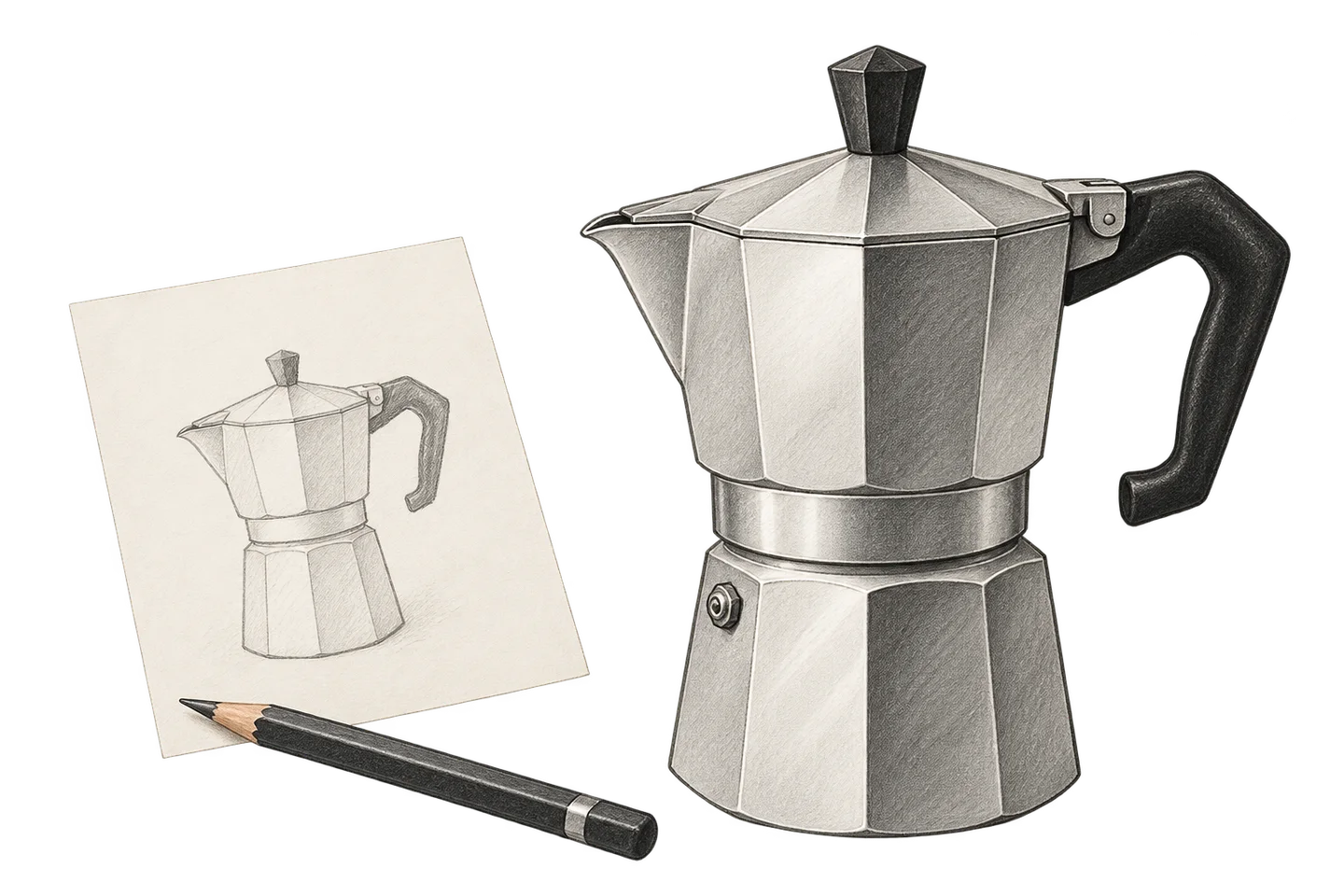An octagonal moka beside a pencil and an outline study of the pot.