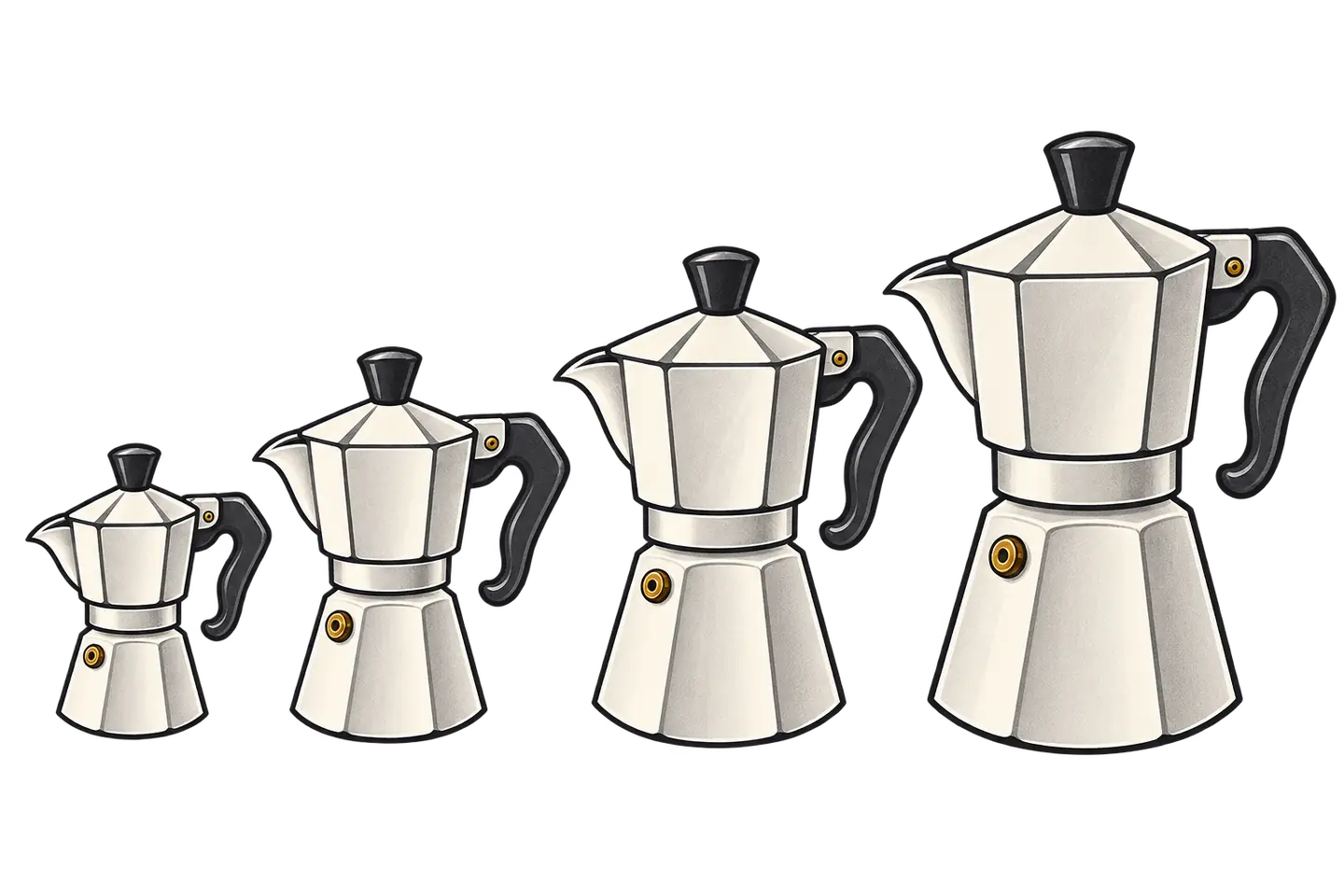 Four moka pots arranged from smallest to largest to illustrate relative size differences.