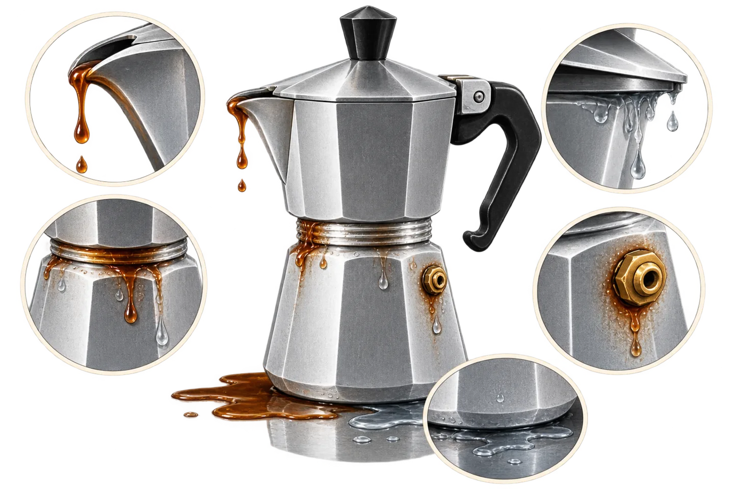 Moka pot with close-up views of liquid escaping near the spout, threaded center joint, safety-valve area, and base.