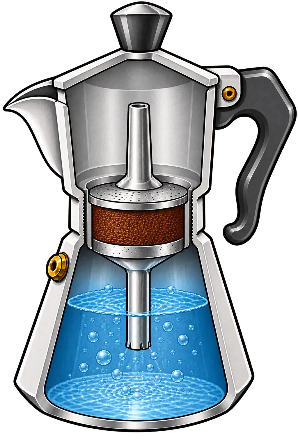 Vertical cutaway of a moka pot with water below and an empty upper chamber, illustrating a brew in which coffee does not rise.
