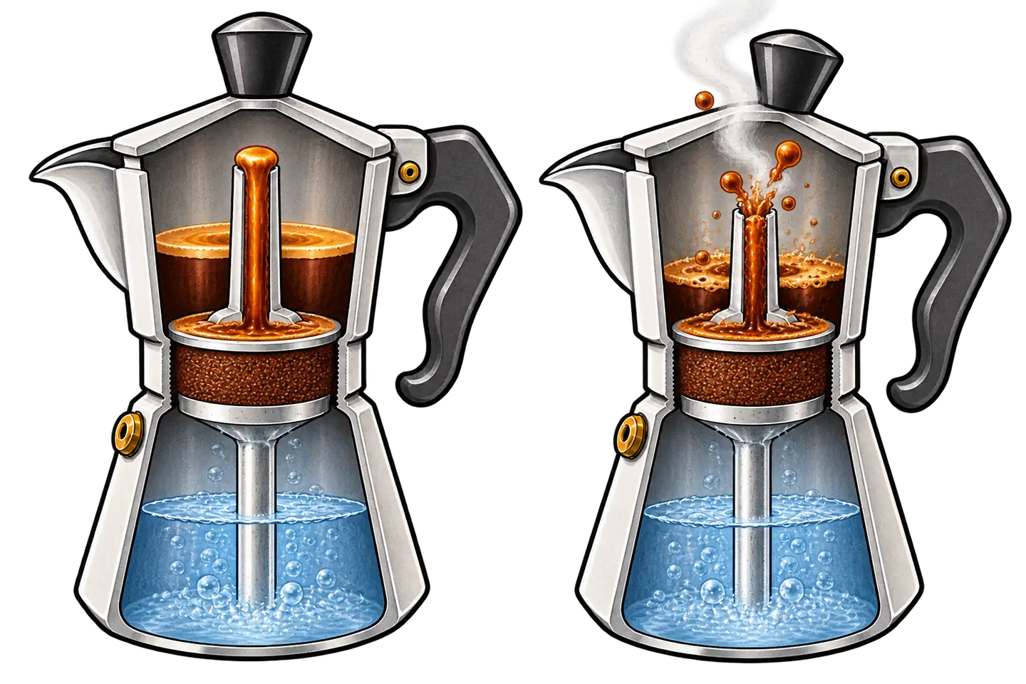 Side-by-side moka cutaways comparing a steady collecting flow with irregular sputtering from the central column.