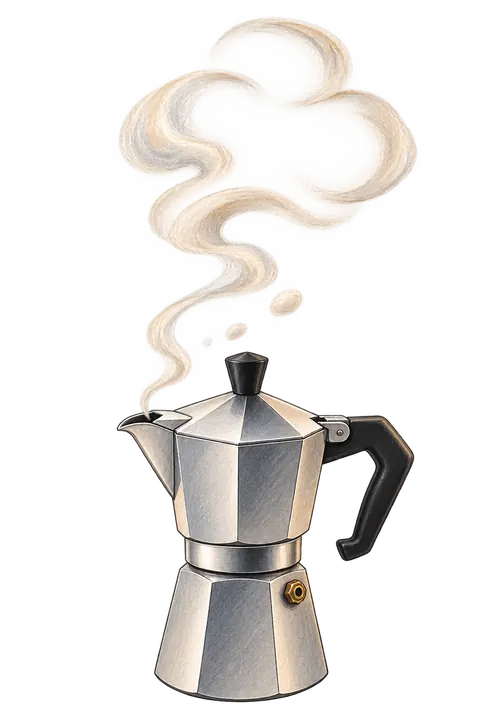 Illustrated moka pot with steam forming a thought cloud.